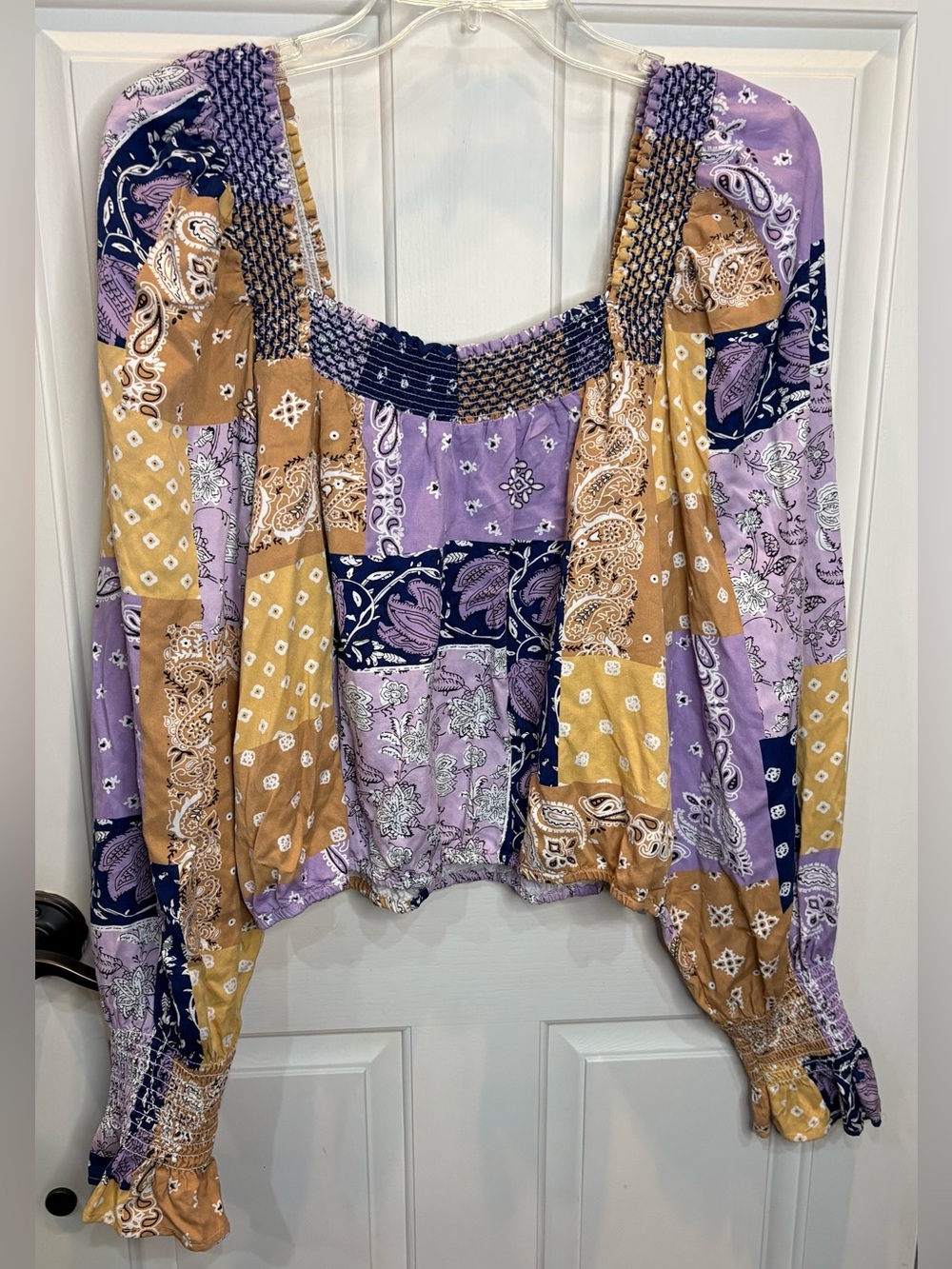 Wrangler Retro Women’s Smocked Square Neck Paisley Patchwork Crop Blouse Sz L